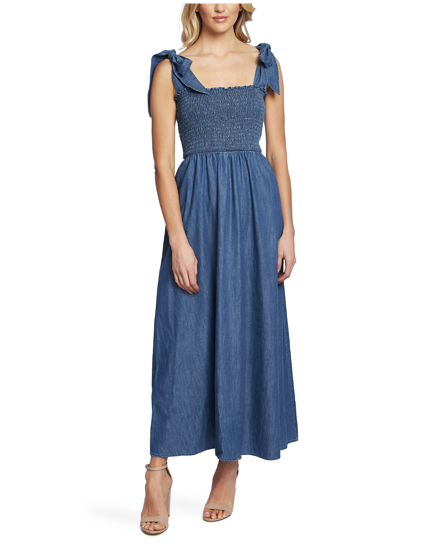 CeCe Tie Shoulder Smocked Denim Maxi Dress