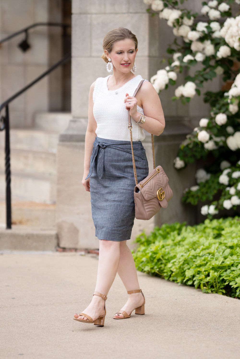 Petite Fashion Blog | Ann Taylor Chambray Tie Waist Pencil Skirt | Ann Taylor Fringe Trim Sweater Shell