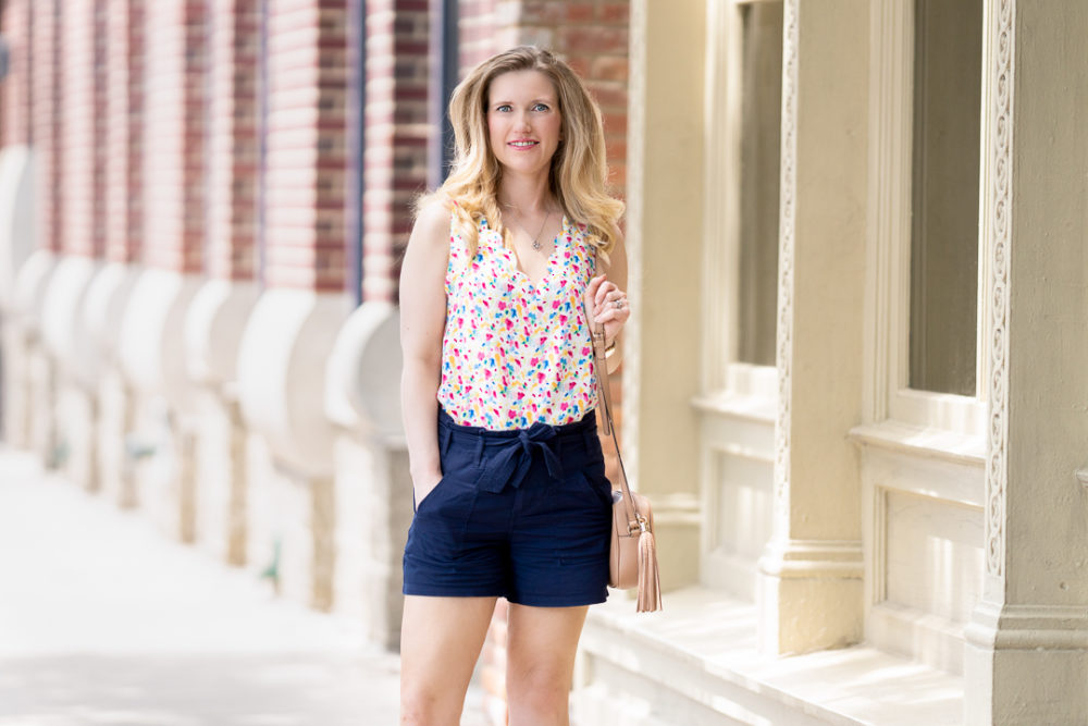 Petite Fashion Blog | Gibson x Living in Yellow Savannah Scalloped V-Neck Tank | Caslon Belted Twill Shorts | Chloe Glyn Espadrilles | Gucci Soho Disco Bag