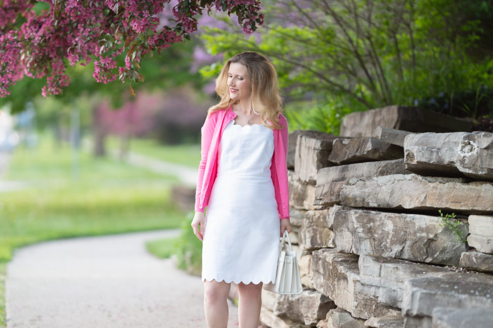 Petite Fashion Blog | J. Crew Factory Basketweave scallop-edge dress | J. Crew Factory Cardigan | Pink Cardigan | White Dresses
