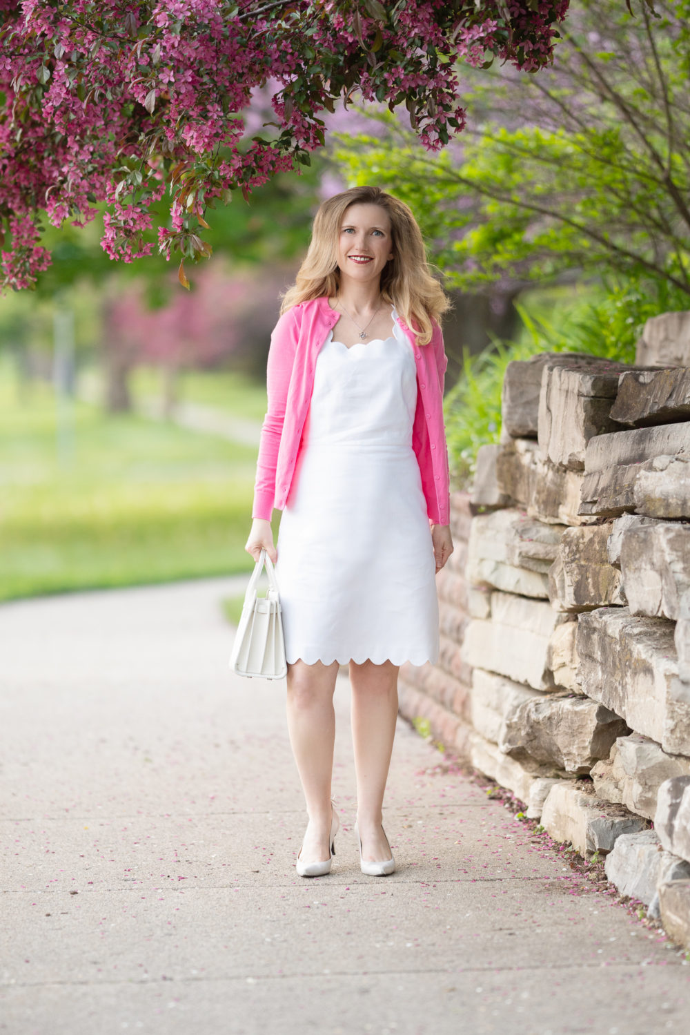 Petite Fashion Blog | J. Crew Factory Basketweave scallop-edge dress | J. Crew Factory Cardigan | Pink Cardigan | White Dresses