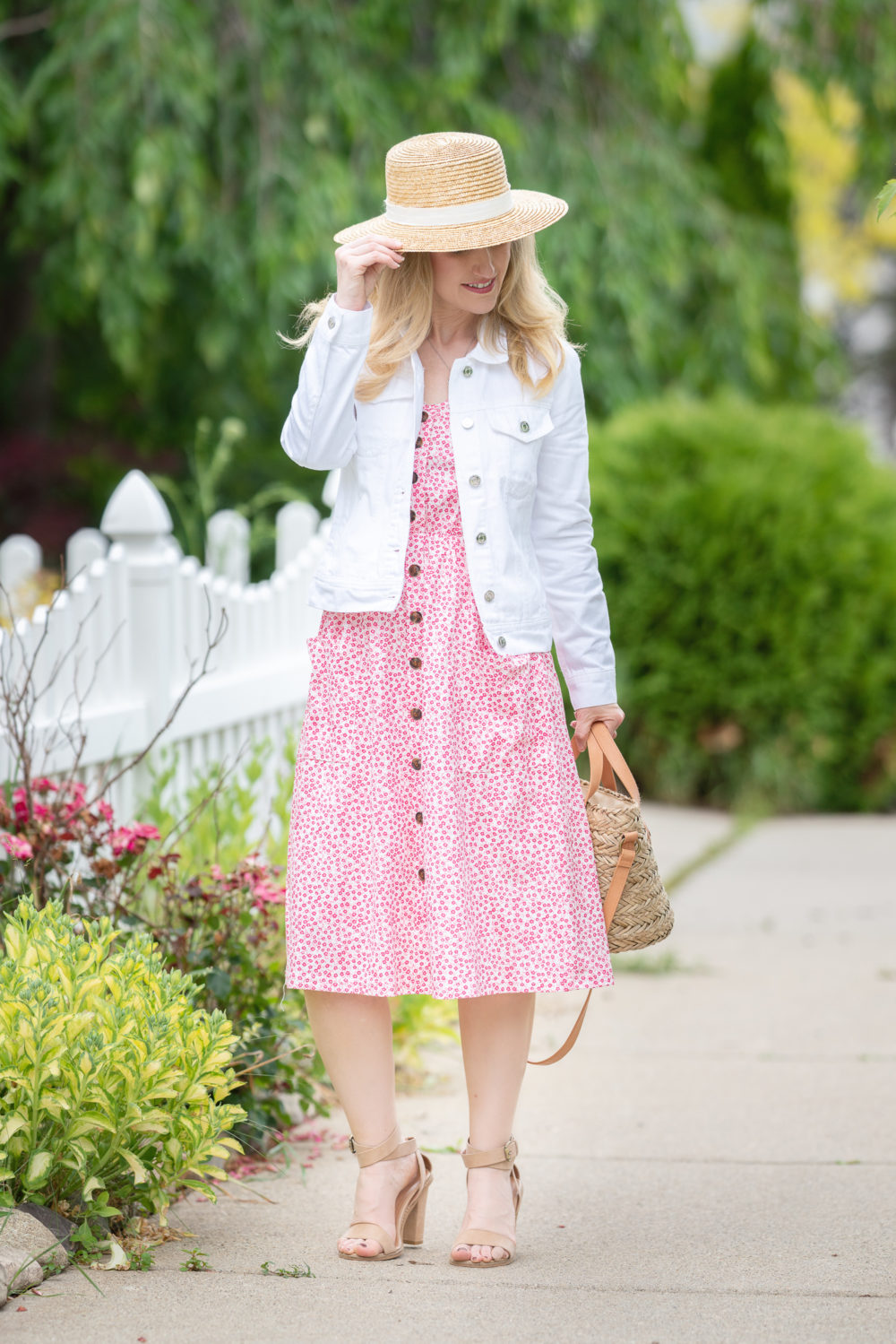 Petite Fashion Blog | Angashion Floral Midi Dress | White Denim Jacket