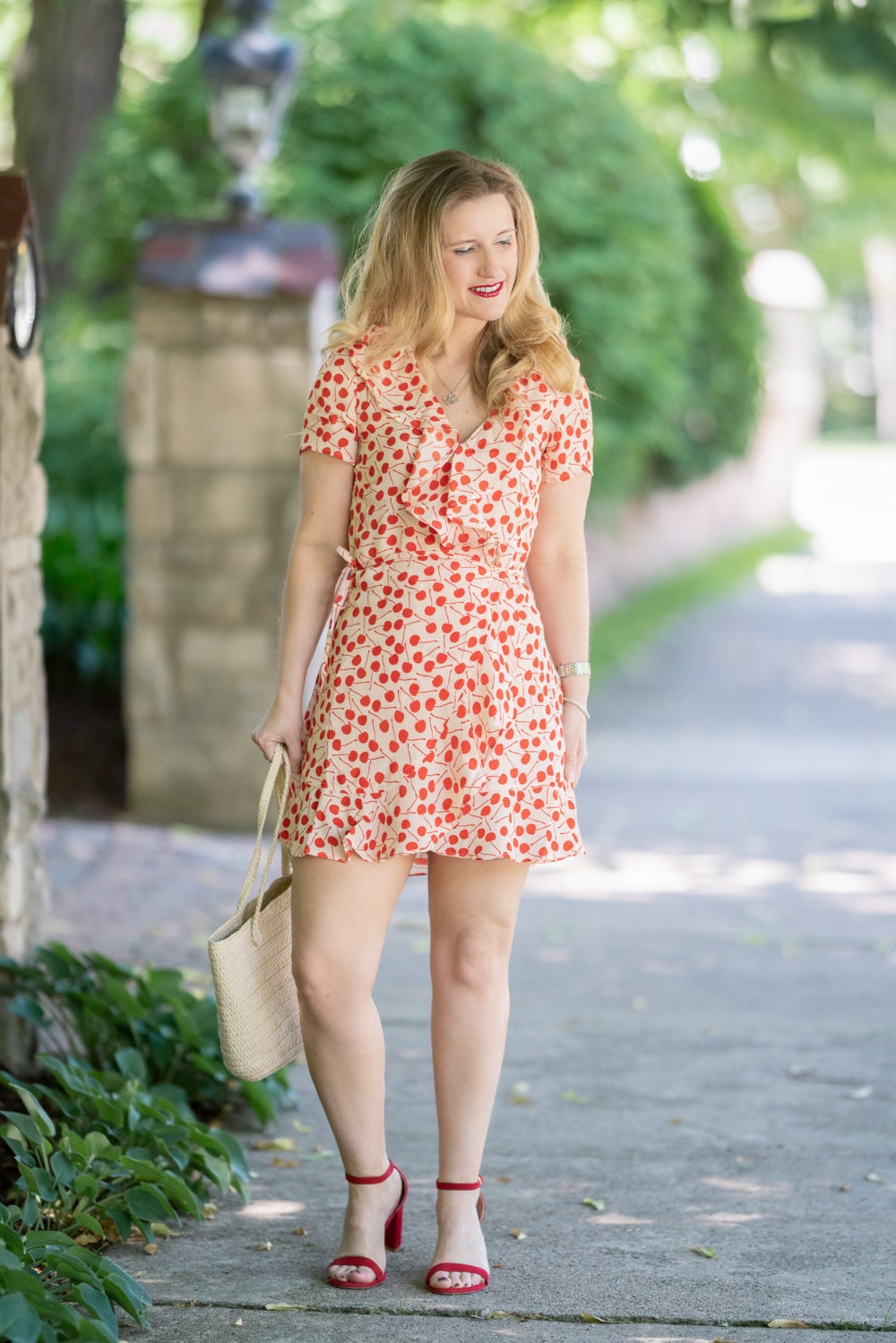 Petite Fashion Blog | Beach Riot Cherry Dress | Topshop Fruity Cherry Straw Tote Bag | Stuart Weitzman sandals