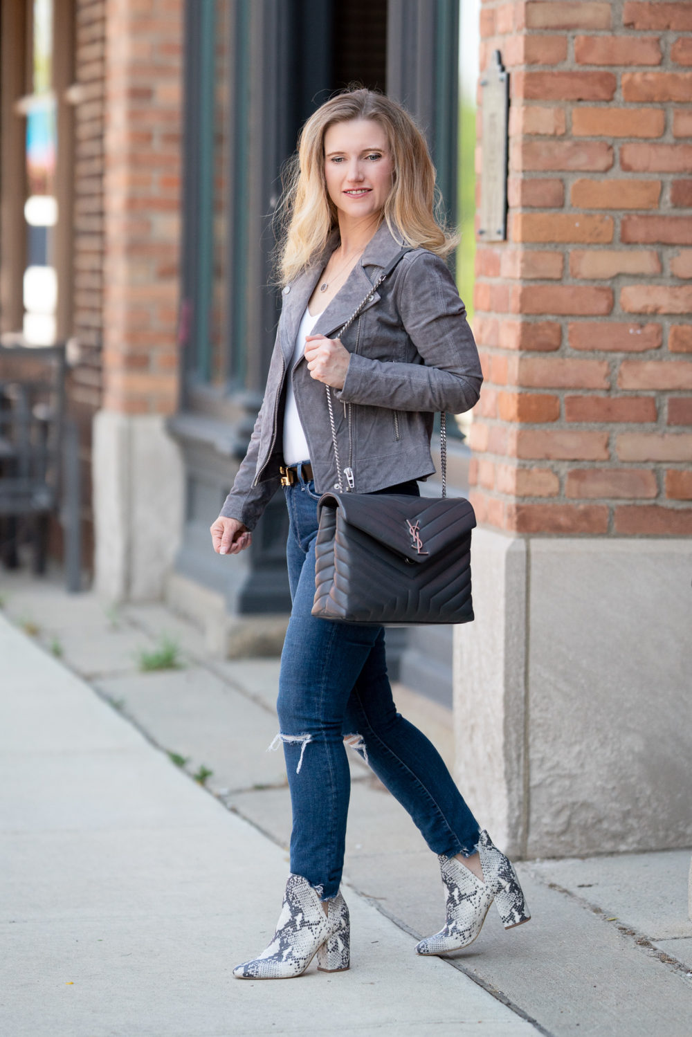 Petite Fashion Blog | Blank NYC Suede Moto Jacket | Steve Madden Rockstar Bootie | Hermes Belt | YSL Lou Lou Bag