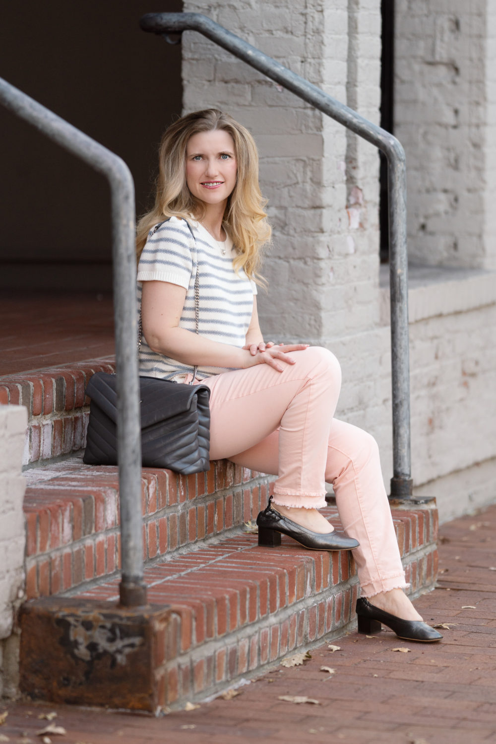 Petite Fashion Blog | Loft Double Fray Girlfriend Chinos | Loft Striped Sweater | Everlane Day Heels | Loft Sale