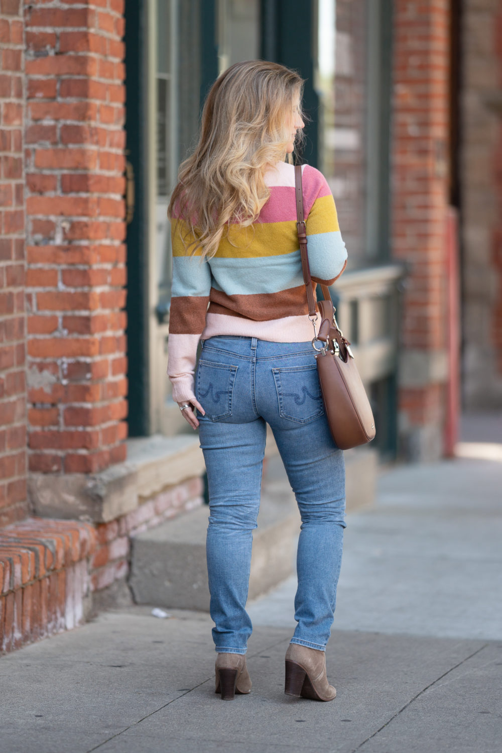 Petite Fashion Blog | Nordstrom Anniversary Sale | Halogen Crewneck Sweater | AG Prima Ankle Cigarette Jeans COACH Nomad Burnished Leather Crossbody Bag