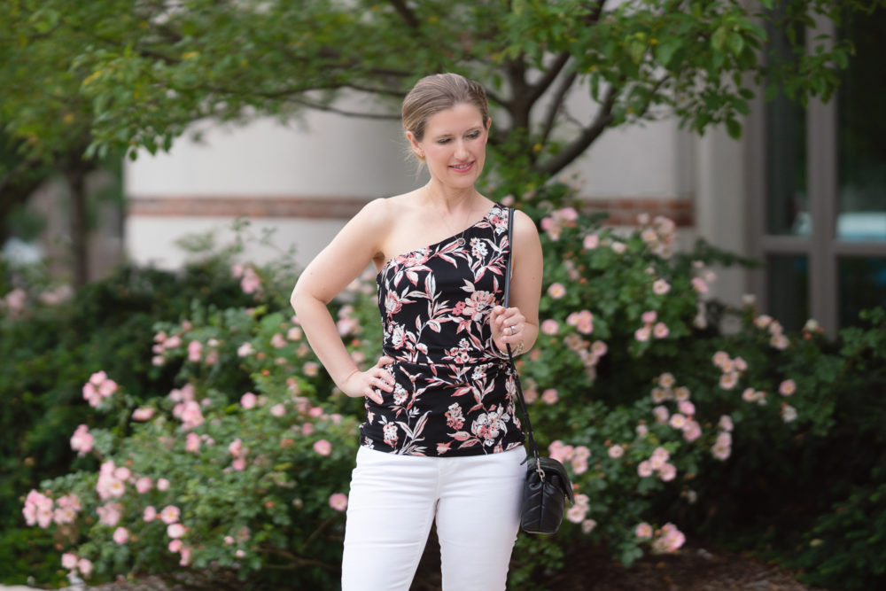 Petite Fashion Blog |WHBM High Rise Skinny Crop Jeans | WHBM Floral One Shoulder Top | WHBM Patent Leather Strappy Heels