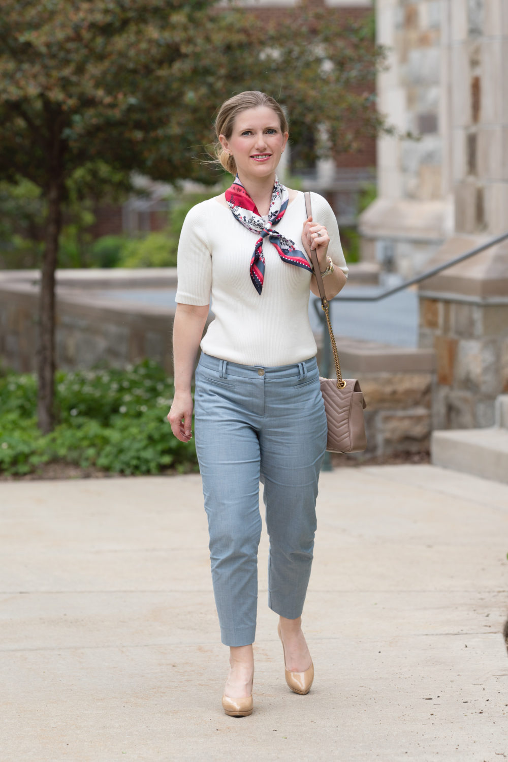 Petite Fashion Blog | Ann Taylor Cotton Crop Pant in Chambray Ann Taylor Scarf | Ann Taylor Sale
