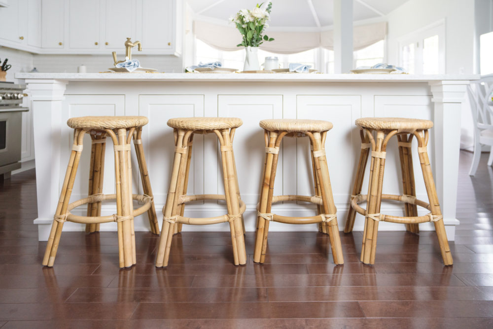 Petite Fashion Blog | Serena and Lily Riviera Counter Stools | White Kitchen | Shaker Cabinets