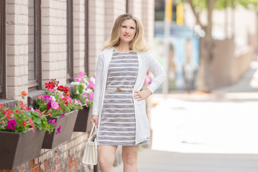 Petite Fashion Blog |Textured Stripe Knit Shift Dress | Gucci Belt | YSL Baby Sac du Jour