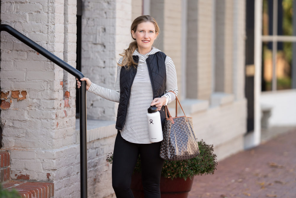 Petite Fashion Blog | Amazon Core 10 Leggings | Amazon Essentials Stripe Pullover | Amazon Women's Leggings | Puffer Vest