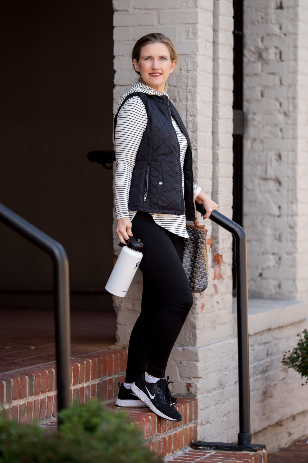Petite Fashion Blog | Amazon Core 10 Leggings | Amazon Essentials Stripe Pullover | Amazon Women's Leggings | Puffer Vest | Black Nike Sneakers | Hydroflask