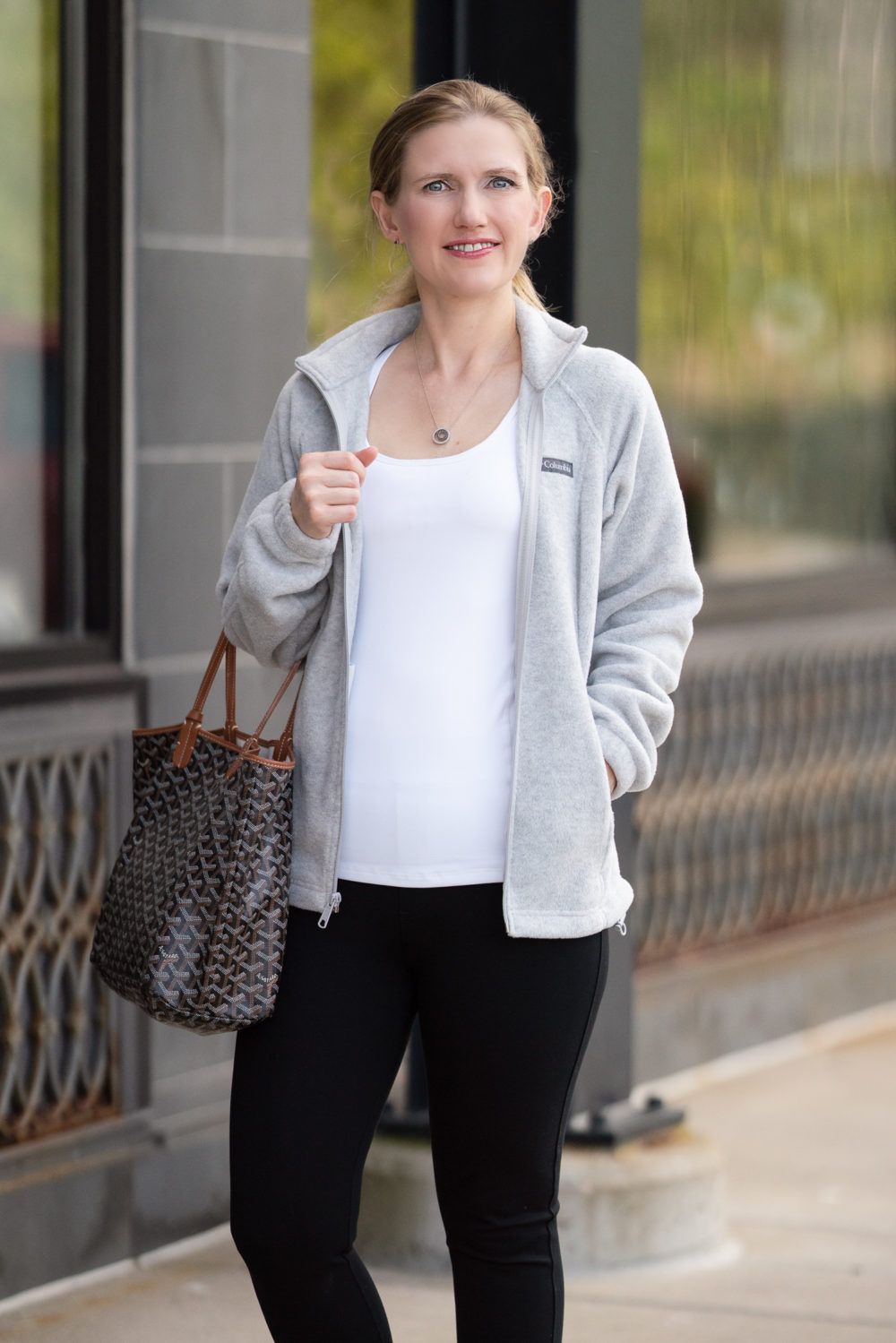 Petite Fashion Blog | Columbia Fleece Jacket | Isotoner Zenz | Goyard Tote