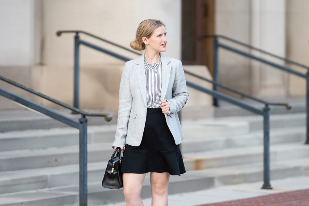 Petite Fashion Blog | Loft Herringbone Modern Blazer | Loft Flippy Skirt | Everlane Day Heel | Loft Sale