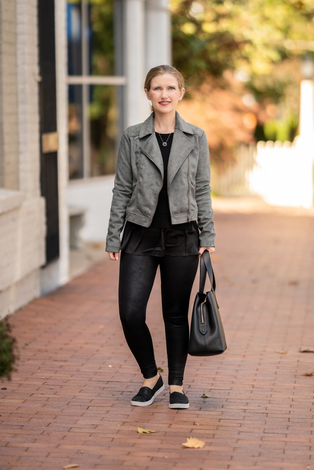Petite Fashion Blog | Peach Fall Collection | Peach Moto Jacket | Cuyana Tote