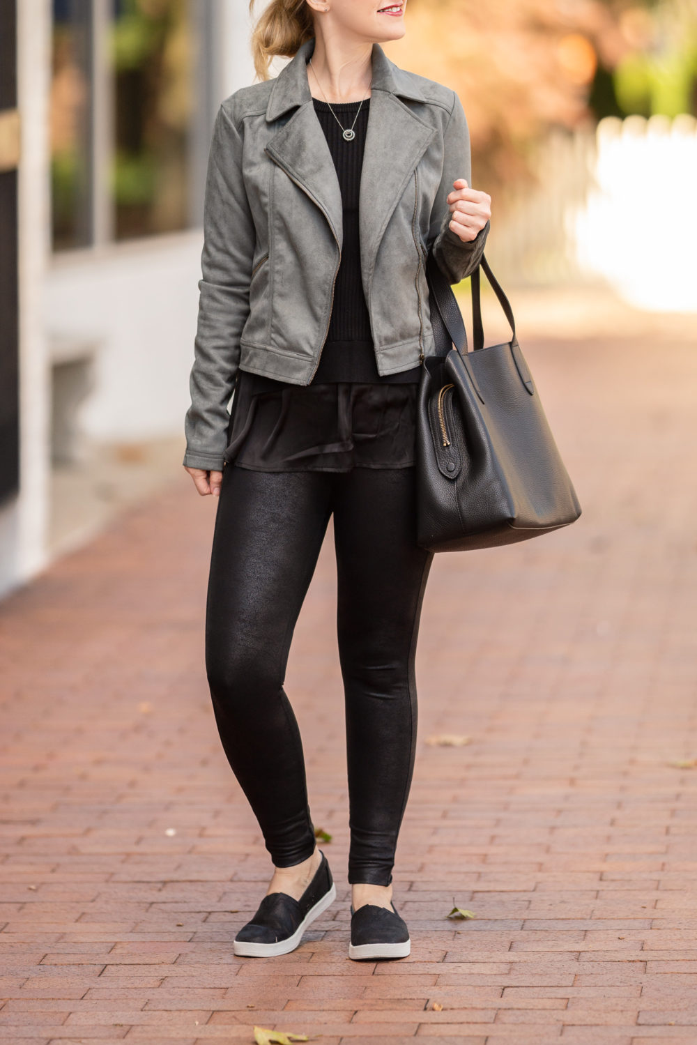 Petite Fashion Blog | Peach Fall Collection | Peach Moto Jacket | Cuyana Tote