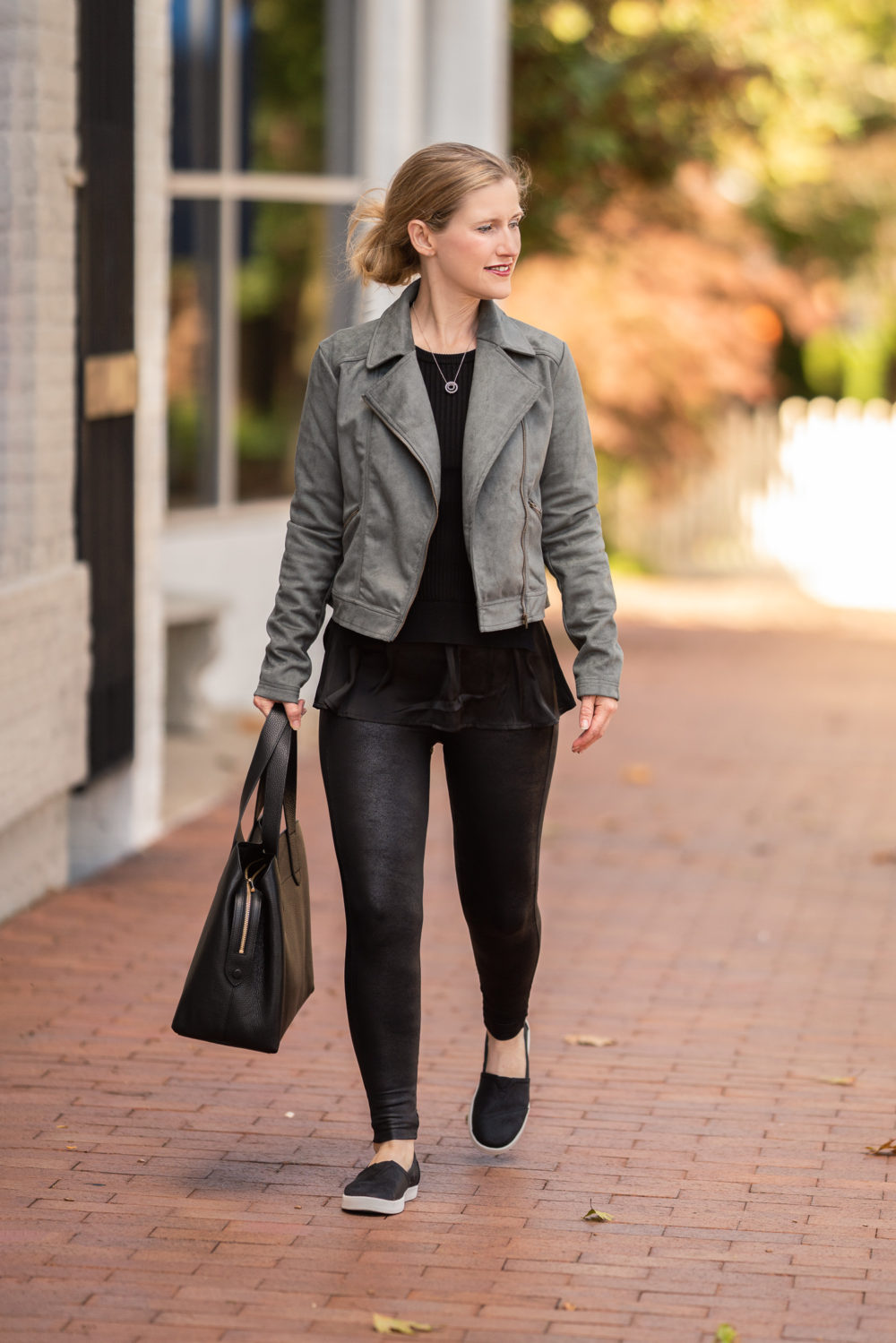 Petite Fashion Blog | Peach Fall Collection | Peach Moto Jacket | Cuyana Tote