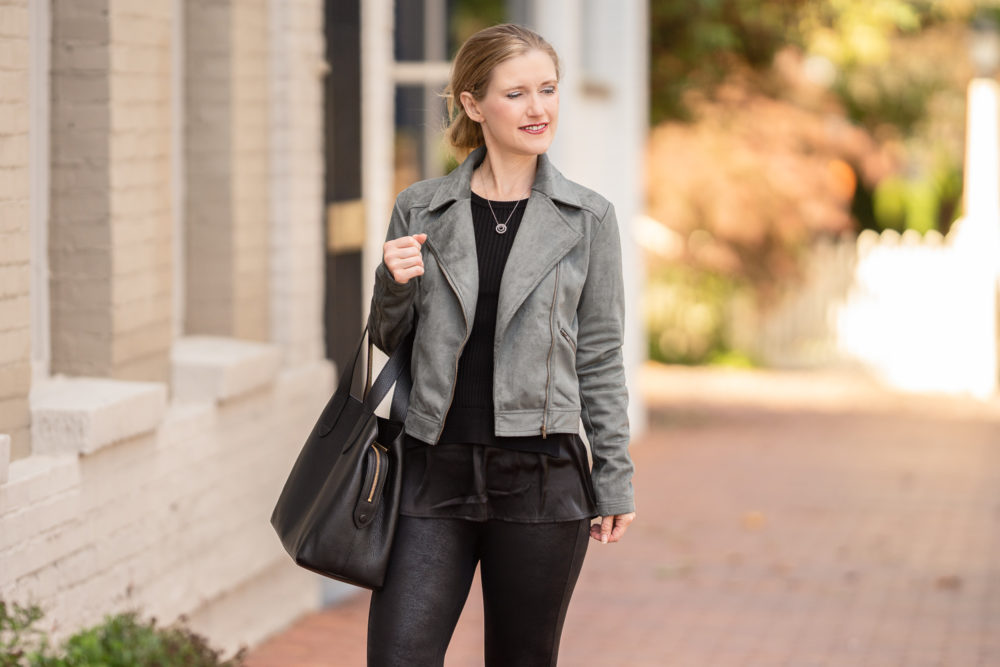 Petite Fashion Blog | Peach Fall Collection | Peach Moto Jacket | Cuyana Tote