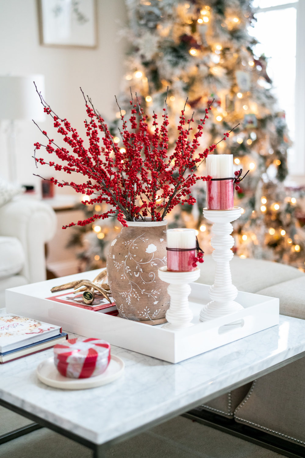  Petite Fashion Blog | Our Home for the Holidays | Christmas Decor | Flocked Christmas Tree | Christmas Pillows
