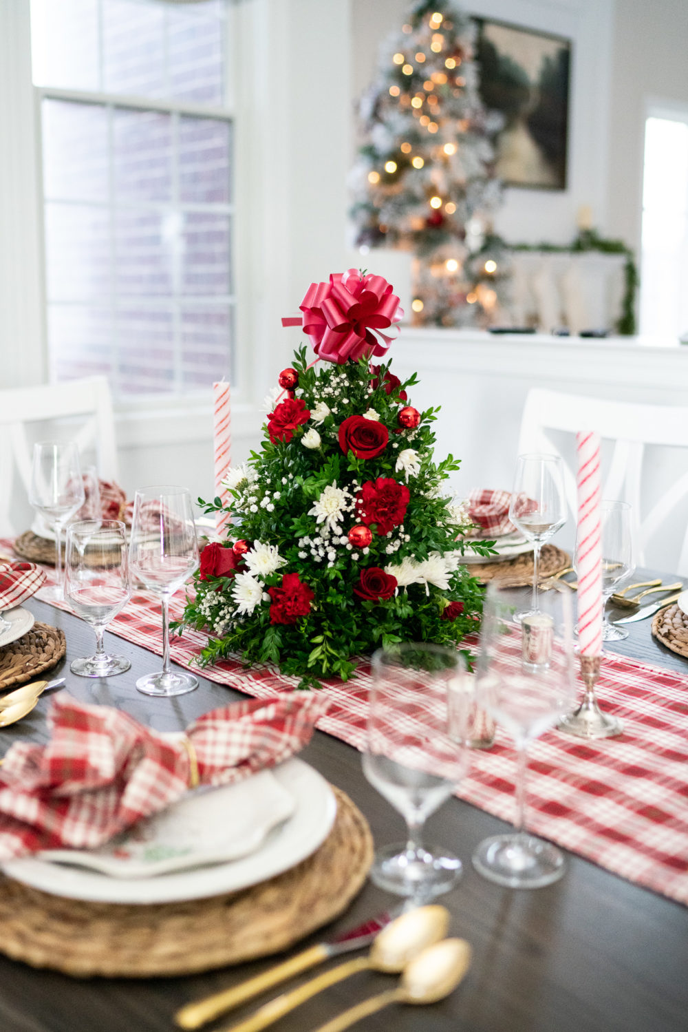 Petite Fashion Blog | Our Home for the Holidays | Christmas Decor | Flocked Christmas Tree | White Kitchen- | Juliska Berry and Thread | Juliska Holiday Dinnerware | FTD Flowers | Christmas Flowers