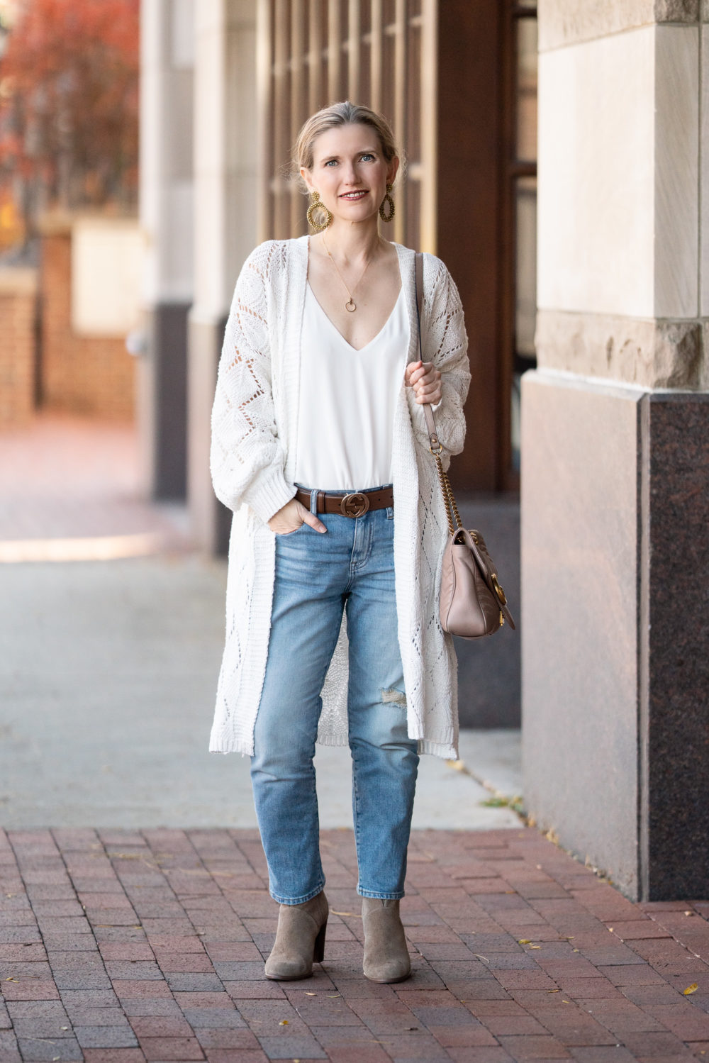 Petite Fashion Blog | Prettygarden Knit Long Cardigan | Fall Cardigan | J. Crew Slim Boyfriend Eco Jeans | Gucci Belt | Vince Camuto Booties