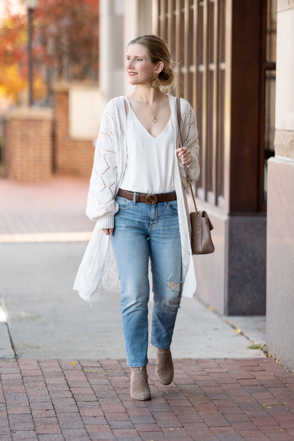 Petite Fashion Blog | Prettygarden Knit Long Cardigan | Fall Cardigan | J. Crew Slim Boyfriend Eco Jeans | Gucci Belt | Vince Camuto Booties