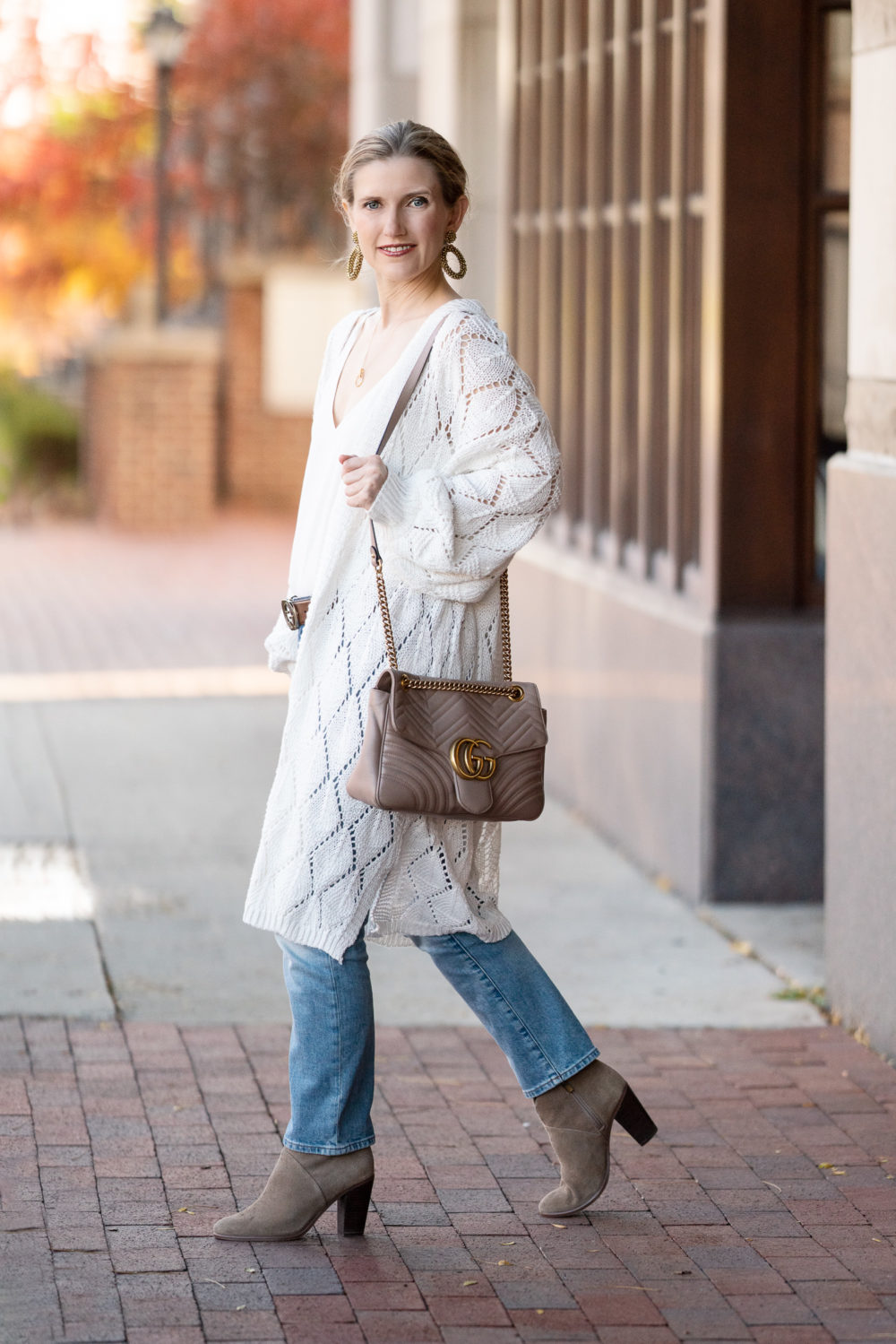Petite Fashion Blog | Prettygarden Knit Long Cardigan | Fall Cardigan | J. Crew Slim Boyfriend Eco Jeans | Gucci Belt | Vince Camuto Booties