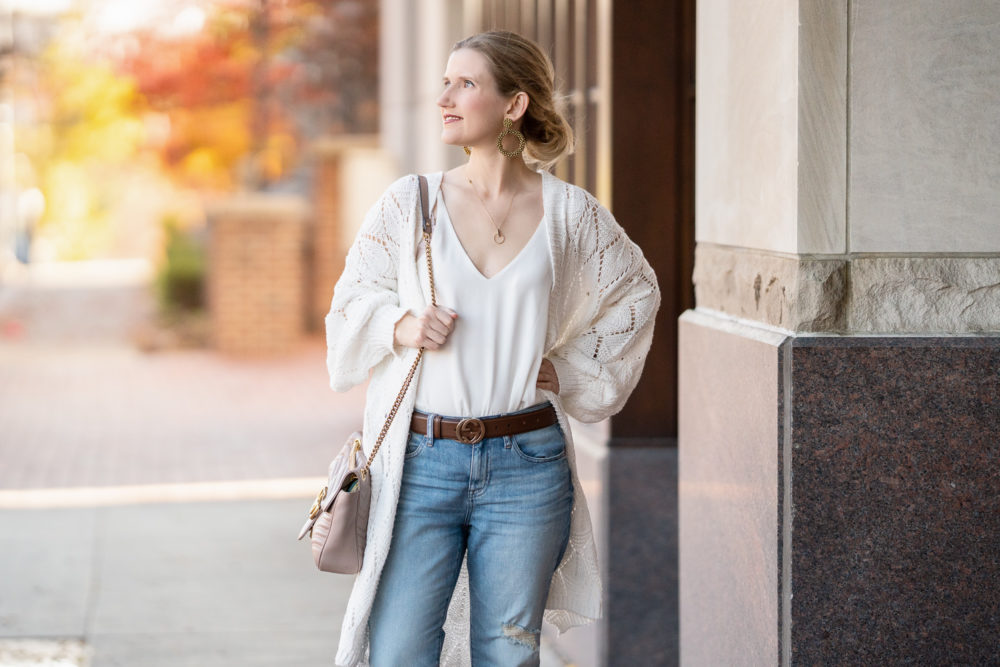 Petite Fashion Blog | Prettygarden Knit Long Cardigan | Fall Cardigan | J. Crew Slim Boyfriend Eco Jeans | Gucci Belt | Vince Camuto Booties