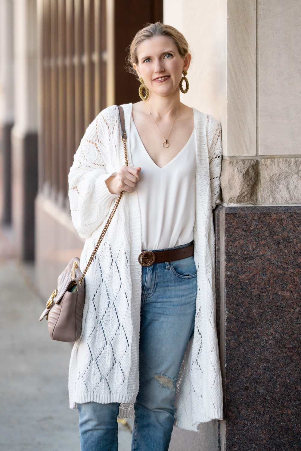 Petite Fashion Blog | Prettygarden Knit Long Cardigan | Fall Cardigan | J. Crew Slim Boyfriend Eco Jeans | Gucci Belt | Vince Camuto Booties