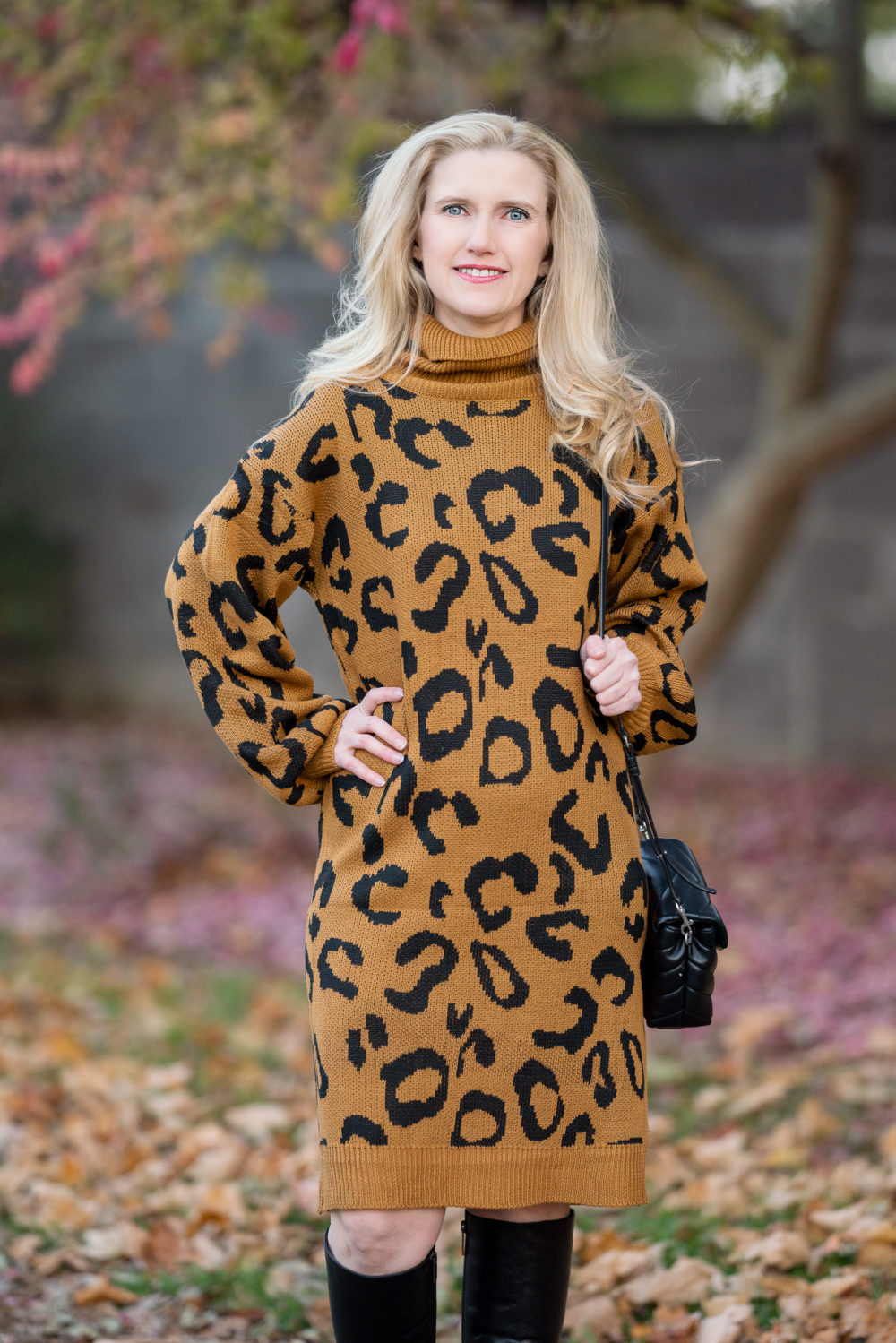 Petite Fashion Blog | Prettygarden Leopard Print Sweater Dress | Aquatalia Boots