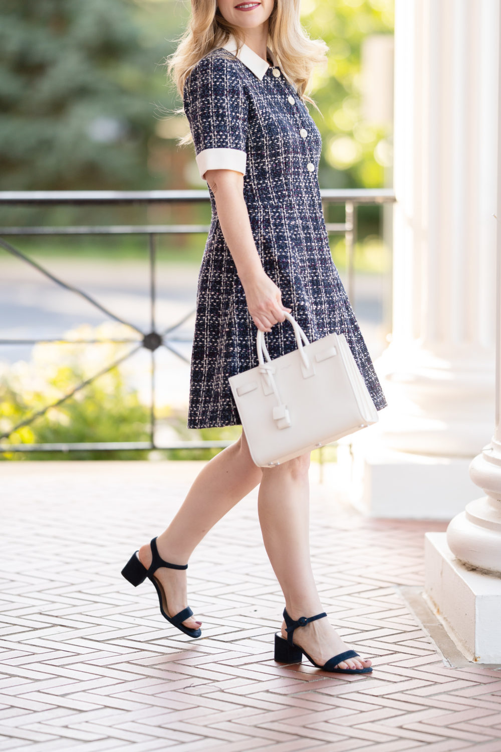Gal Meets Glam Dress | Tweed Dress | Chanel Pin | Saint Laurent Baby Sac du Jour