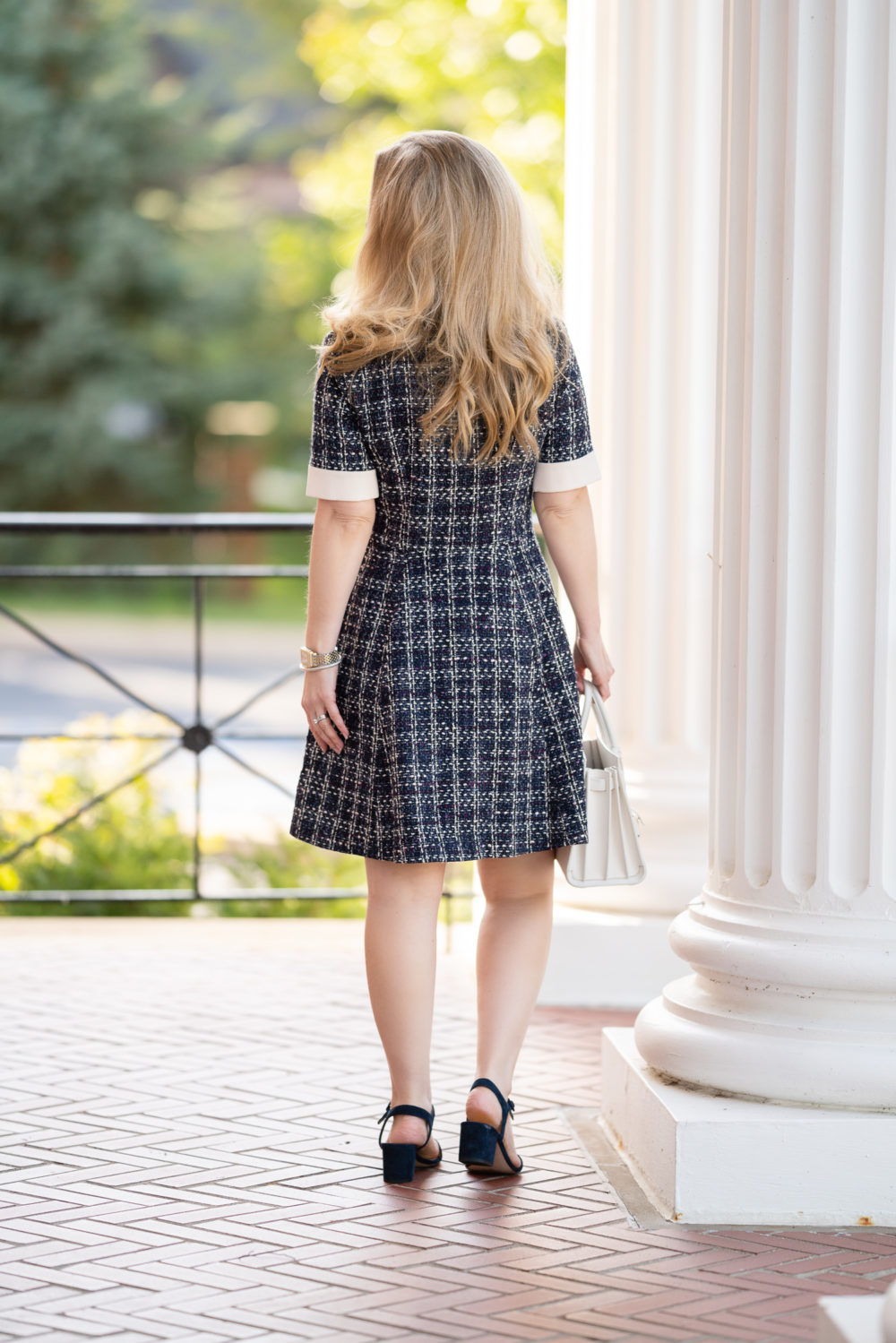 Gal Meets Glam Dress | Tweed Dress | Chanel Pin | Saint Laurent Baby Sac du Jour
