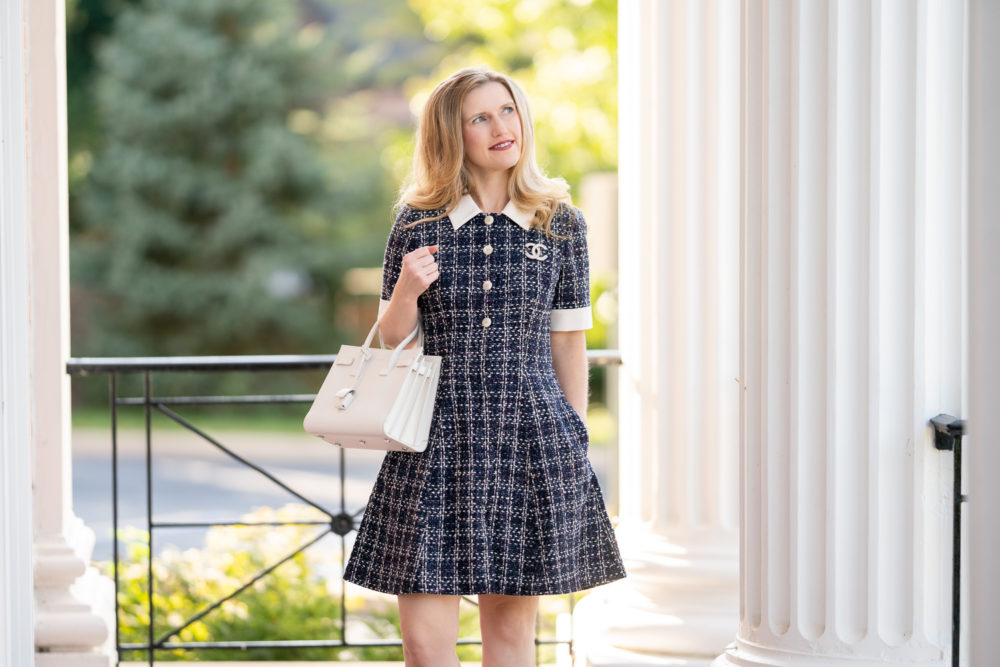 Gal Meets Glam Dress | Tweed Dress | Chanel Pin | Saint Laurent Baby Sac du Jour