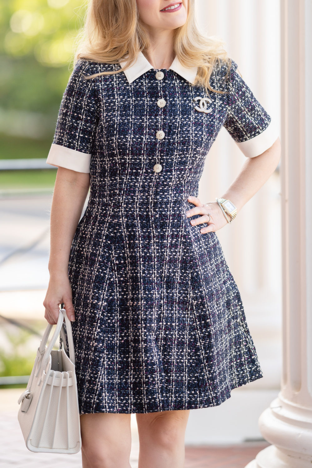 Gal Meets Glam Dress | Tweed Dress | Chanel Pin | Saint Laurent Baby Sac du Jour