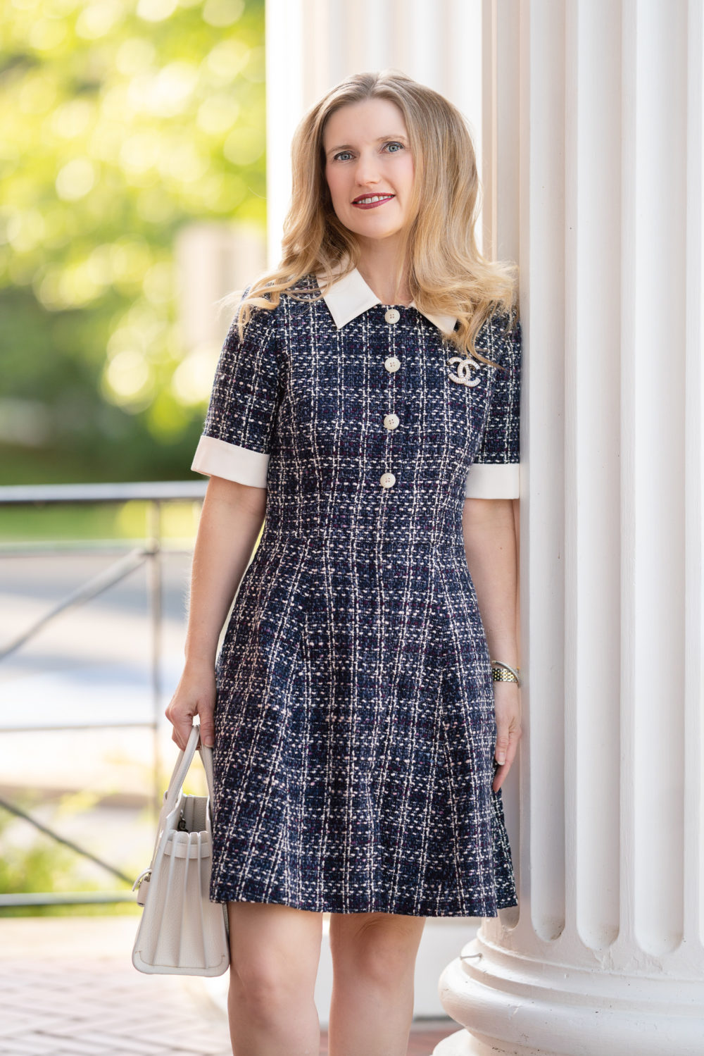 Gal Meets Glam Dress | Tweed Dress | Chanel Pin | Saint Laurent Baby Sac du Jour