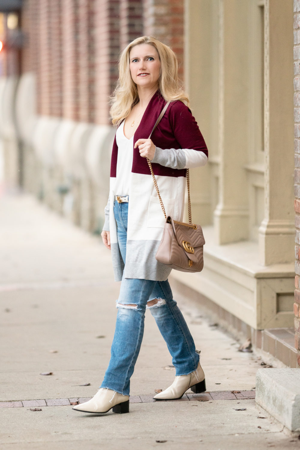 Petite Fashion Blog | Grace Karin Colorblock Cardigan | Gucci belt | Everlane Boots | AG jeans