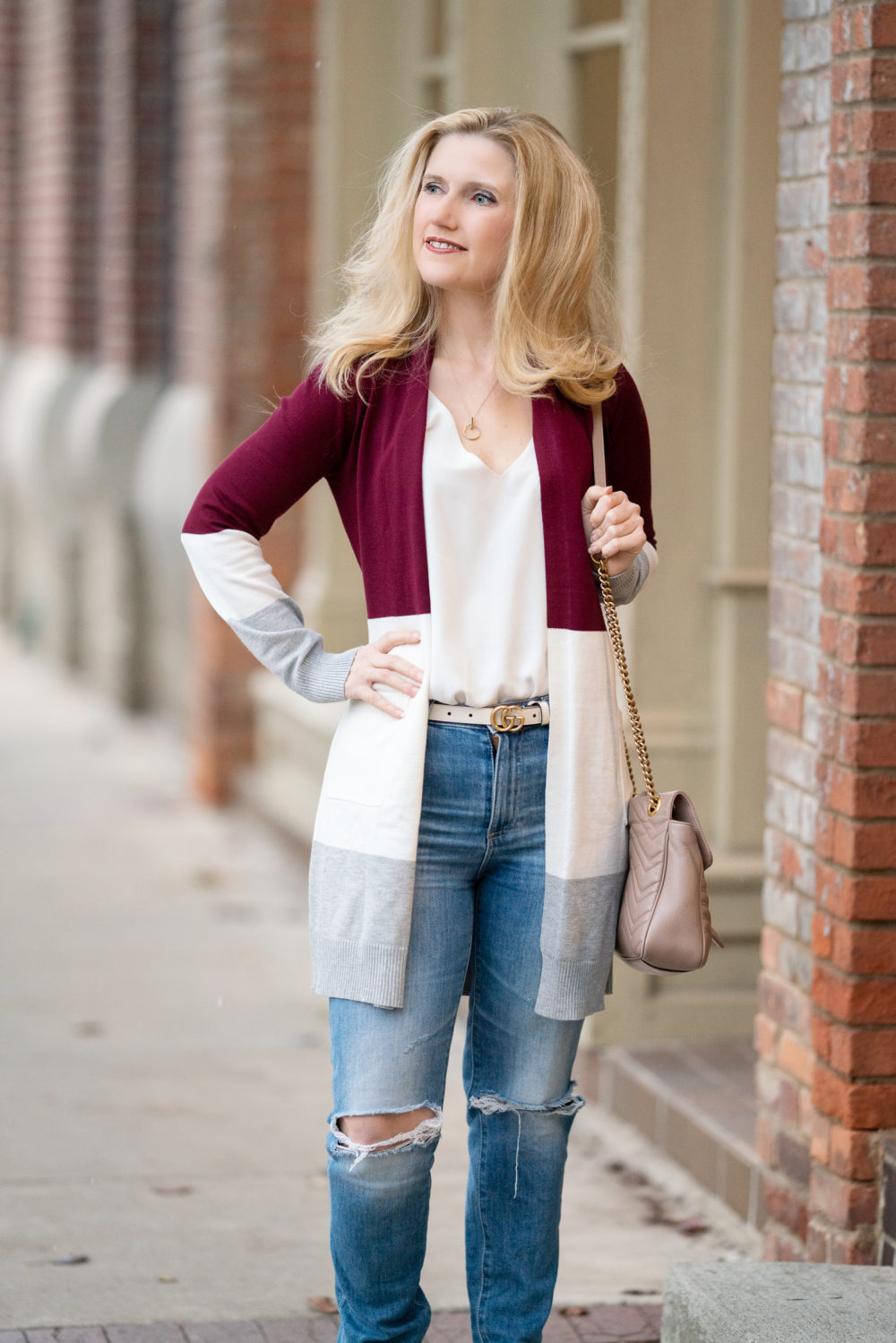 Petite Fashion Blog | Grace Karin Colorblock Cardigan | Gucci belt | Everlane Boots | AG jeans