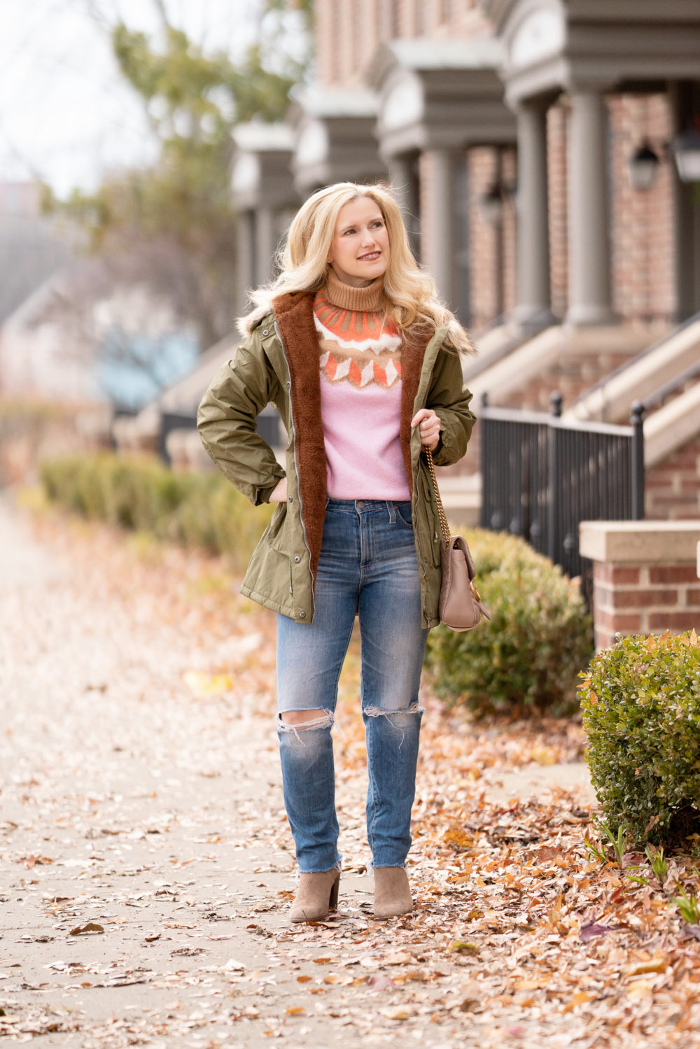 Petite Fashion Blog | Grace Karin Hooded Fleece Lined Parka | J. Crew Fair Isle Sweater | Vince Camuto Gigetta Bootie