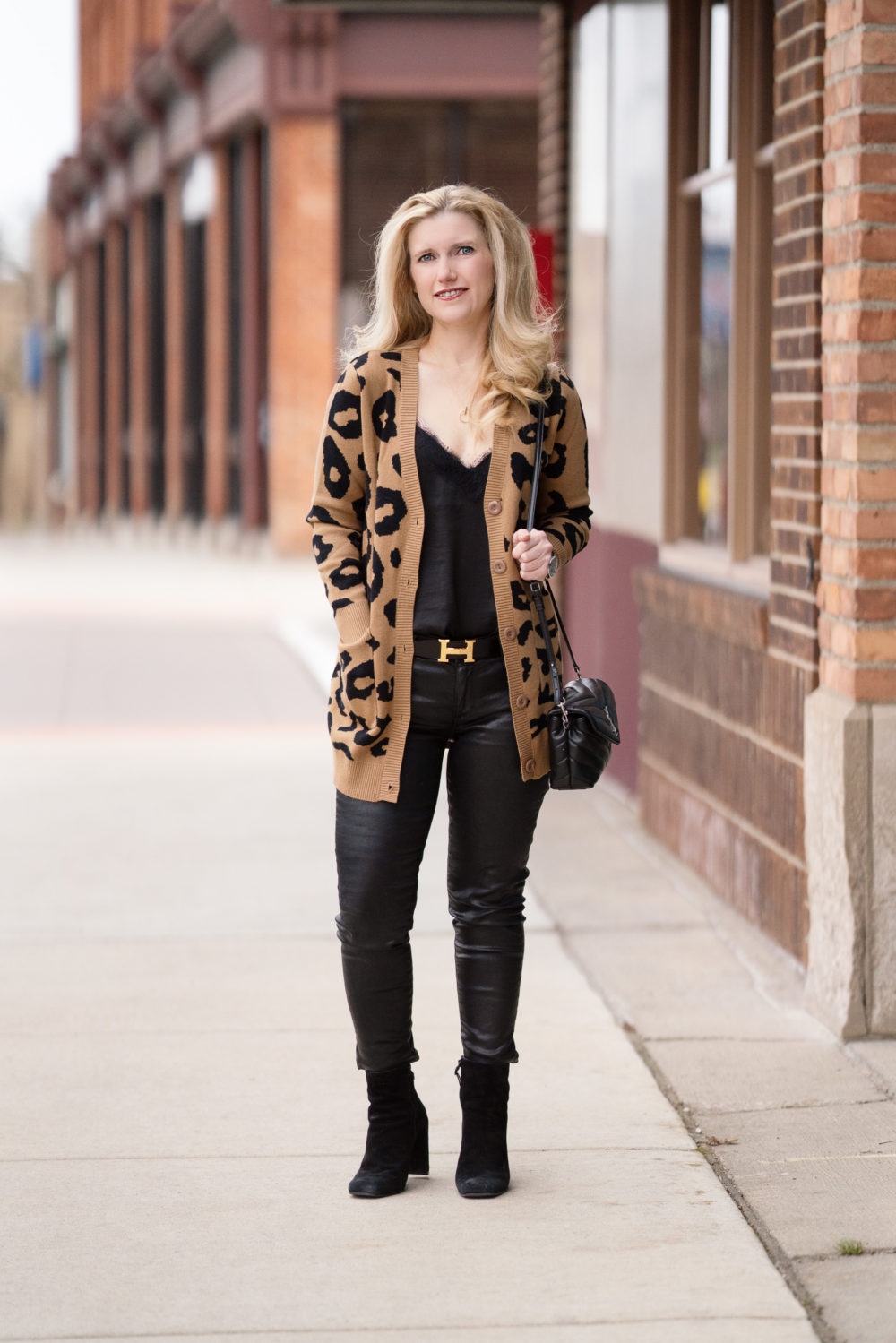 Petite Fashion Blog | Grace Karin Leopard Cardigan | Hermes Belt | AG Faux Leather Jeans | Stuart Weitzman Booties