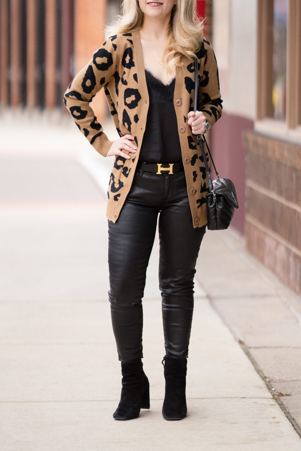Petite Fashion Blog | Grace Karin Leopard Cardigan | Hermes Belt | AG Faux Leather Jeans | Stuart Weitzman Booties