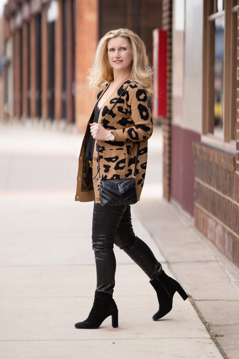Petite Fashion Blog | Grace Karin Leopard Cardigan | Hermes Belt | AG Faux Leather Jeans | Stuart Weitzman Booties