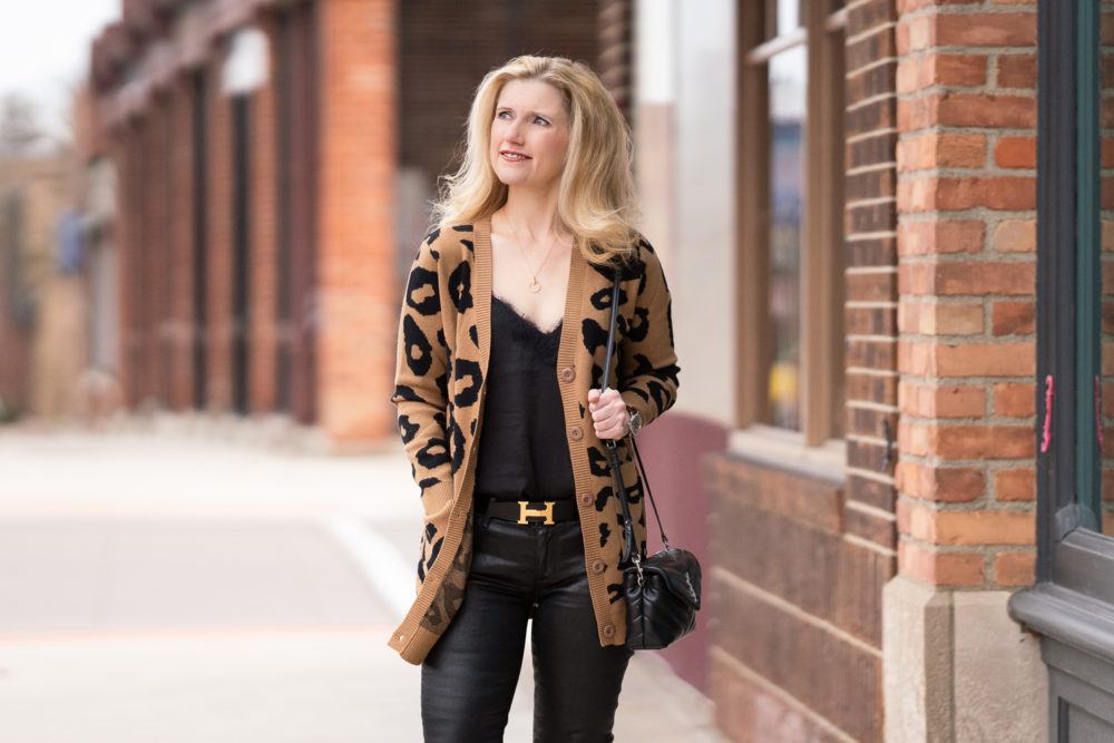 Petite Fashion Blog | Grace Karin Leopard Cardigan | Hermes Belt | AG Faux Leather Jeans | Stuart Weitzman Booties