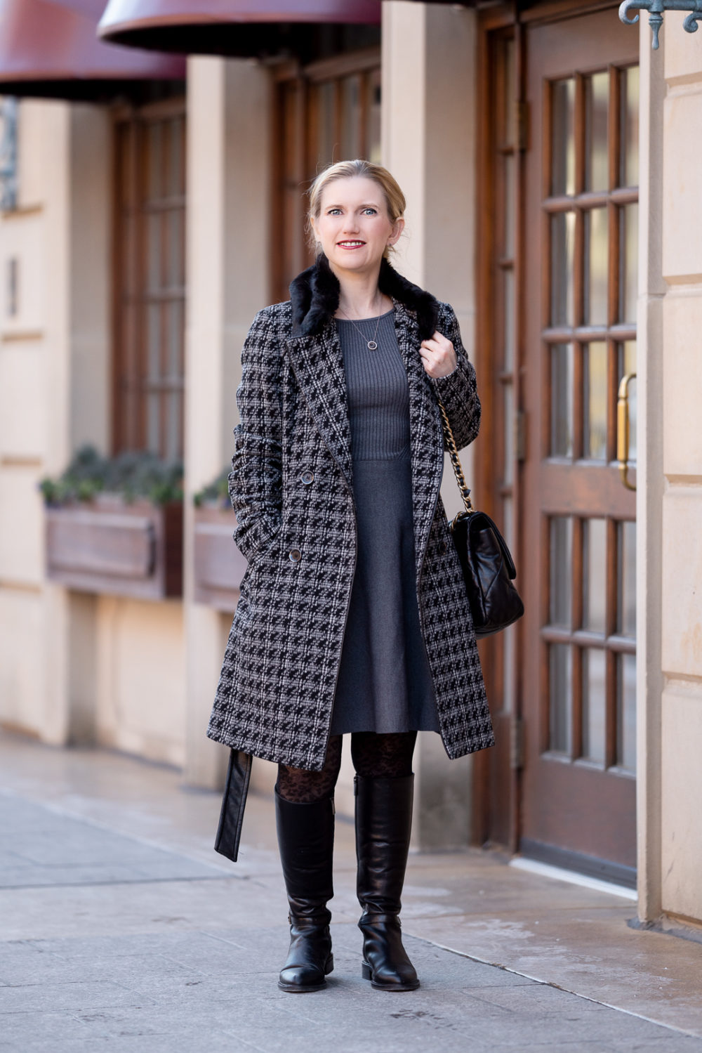 Petite Fashion Blog | Lark & Ro Women's Long Sleeve Ribbed Crewneck Fit and Flare Sweater Dress | Via Spiga-Tied Houndstooth Faux Fur Collar Double-Breasted Coat | Aquatalia Boots | Chanel 19 Bag