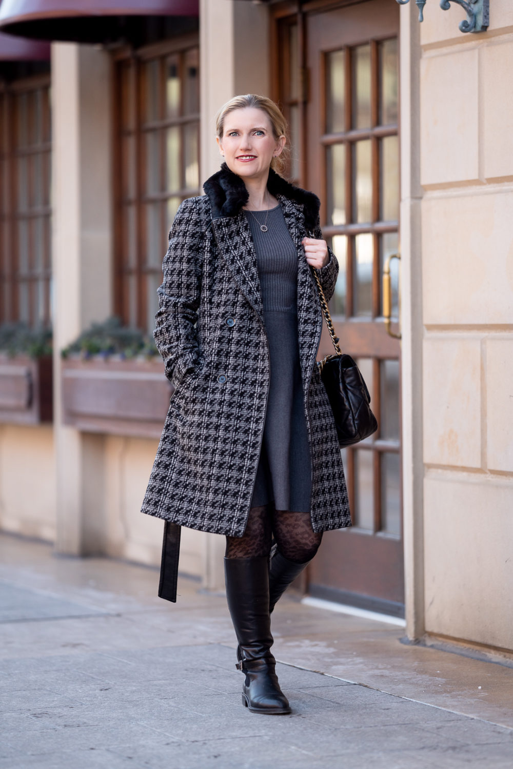 Petite Fashion Blog | Lark & Ro Women's Long Sleeve Ribbed Crewneck Fit and Flare Sweater Dress | Via Spiga-Tied Houndstooth Faux Fur Collar Double-Breasted Coat | Aquatalia Boots | Chanel 19 Bag