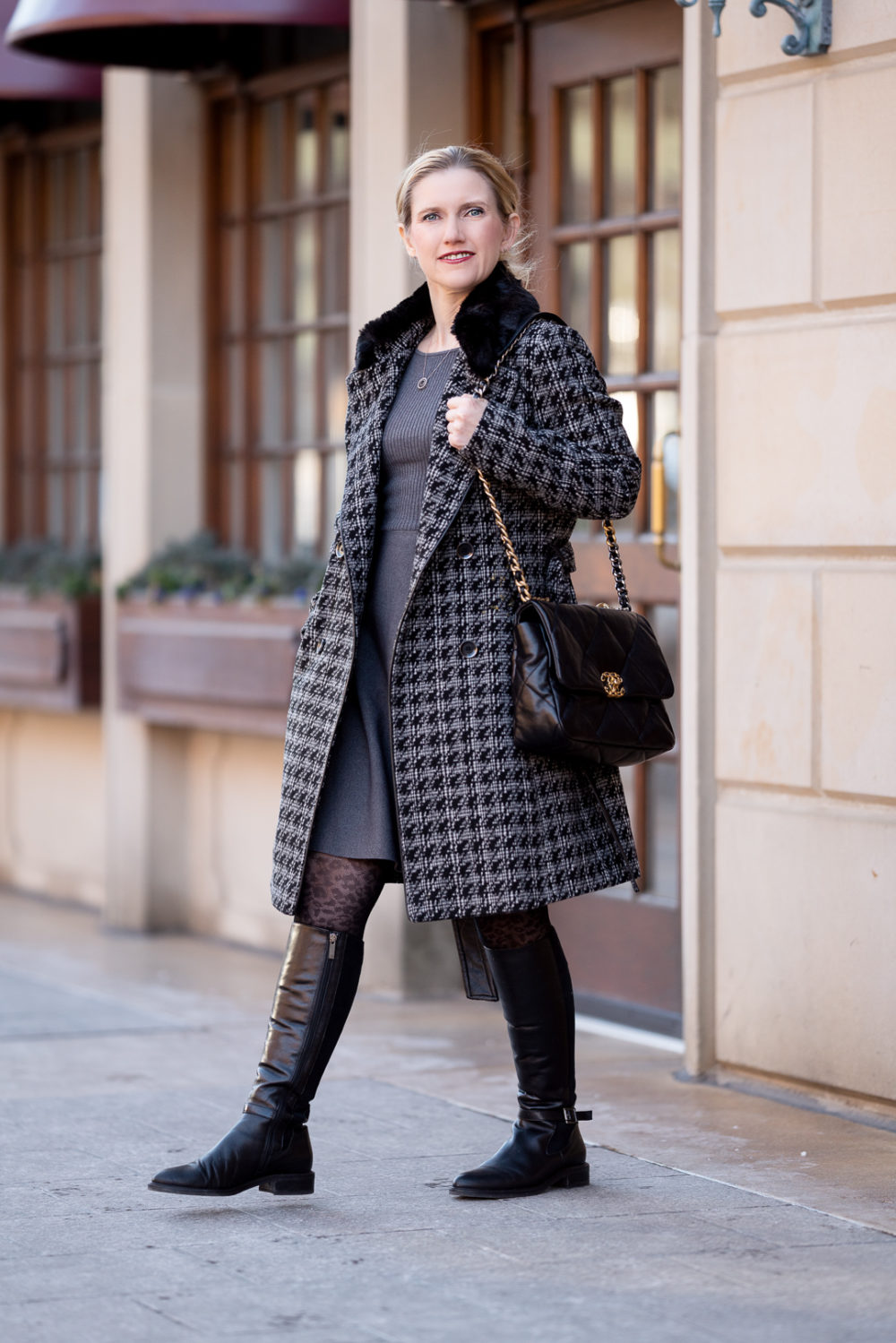 Petite Fashion Blog | Lark & Ro Women's Long Sleeve Ribbed Crewneck Fit and Flare Sweater Dress | Via Spiga-Tied Houndstooth Faux Fur Collar Double-Breasted Coat | Aquatalia Boots | Chanel 19 Bag
