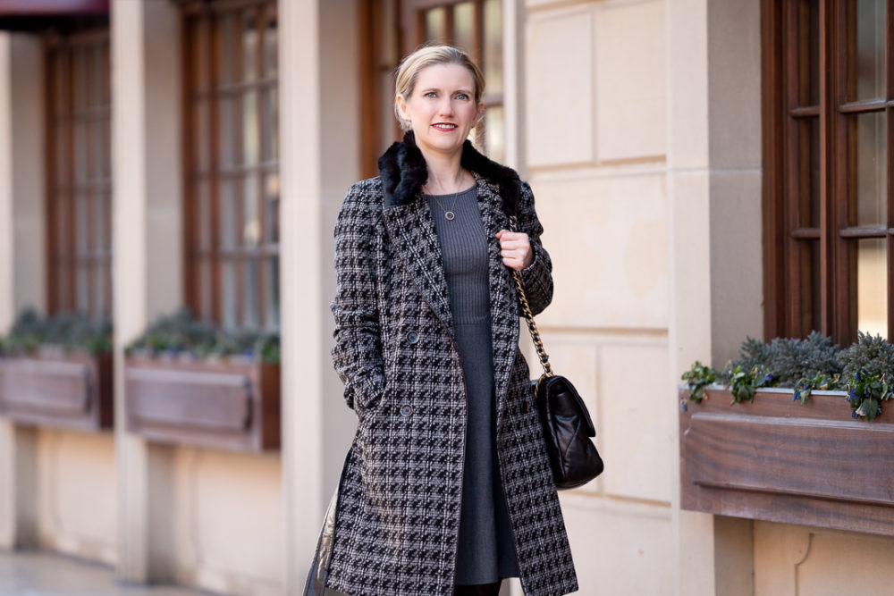 Petite Fashion Blog | Lark & Ro Women's Long Sleeve Ribbed Crewneck Fit and Flare Sweater Dress | Via Spiga-Tied Houndstooth Faux Fur Collar Double-Breasted Coat | Aquatalia Boots | Chanel 19 Bag