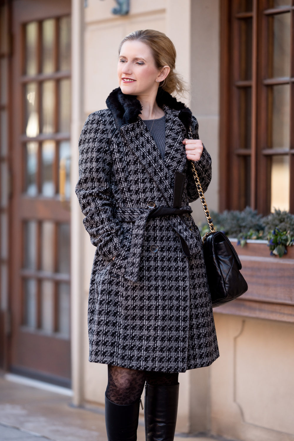 Petite Fashion Blog | Lark & Ro Women's Long Sleeve Ribbed Crewneck Fit and Flare Sweater Dress | Via Spiga-Tied Houndstooth Faux Fur Collar Double-Breasted Coat | Aquatalia Boots | Chanel 19 Bag