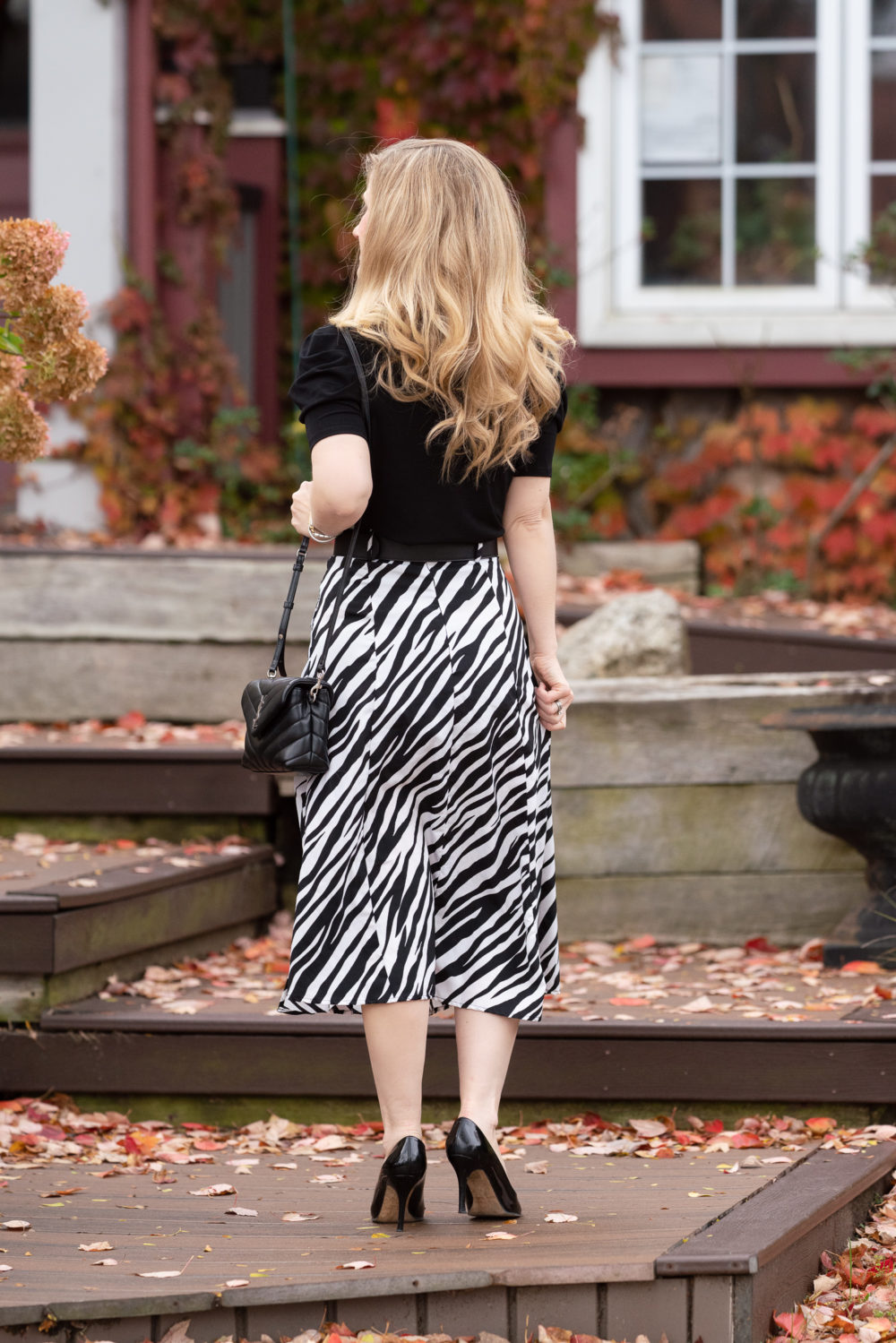 Petite Fashion Blog | Walter Baker Zebra Print Skirt | CeCe Puff Sleeve Crepe Top | Gucci Pearl Belt