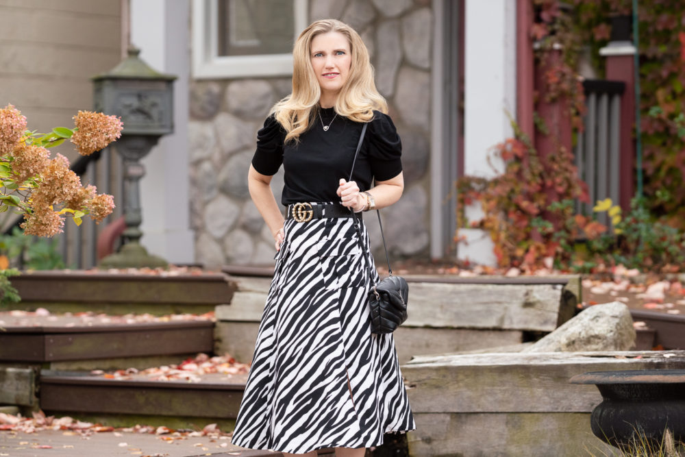 Petite Fashion Blog | Walter Baker Zebra Print Skirt | CeCe Puff Sleeve Crepe Top | Gucci Pearl Belt
