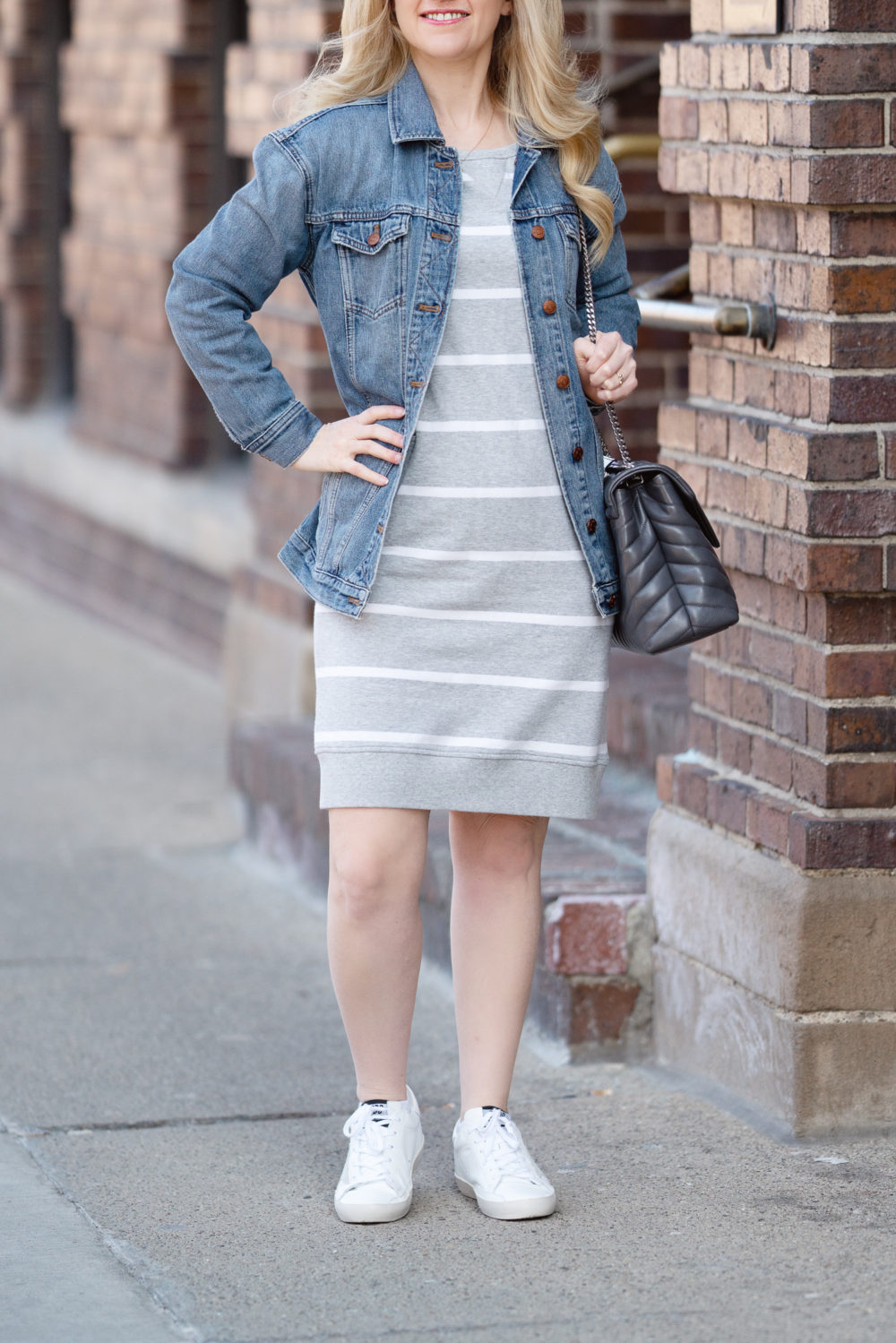 Petite Fashion Blog | Amazon Goodthreads Women's Modal Fleece Popover Sweatshirt Dress | Madewell Denim Jacket | Golden Goose Sneakers